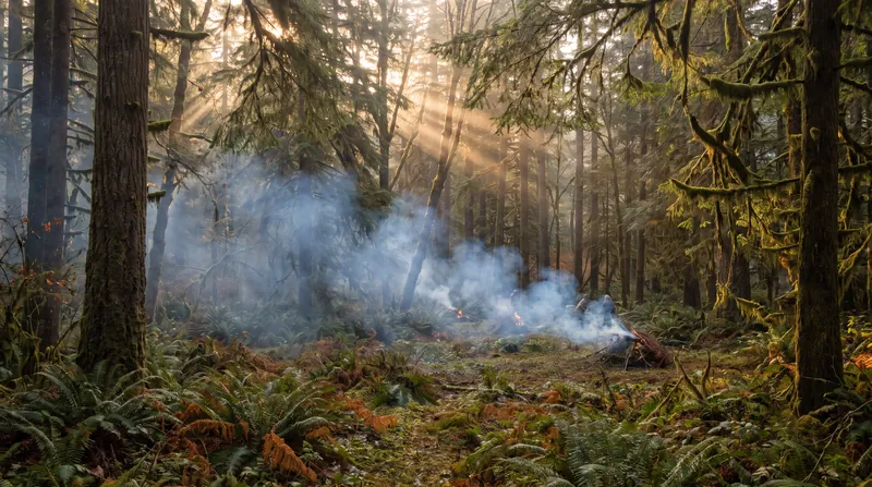 A dense pine forest at dawn with a subtle layer of smoke from a controlled cultural burn.