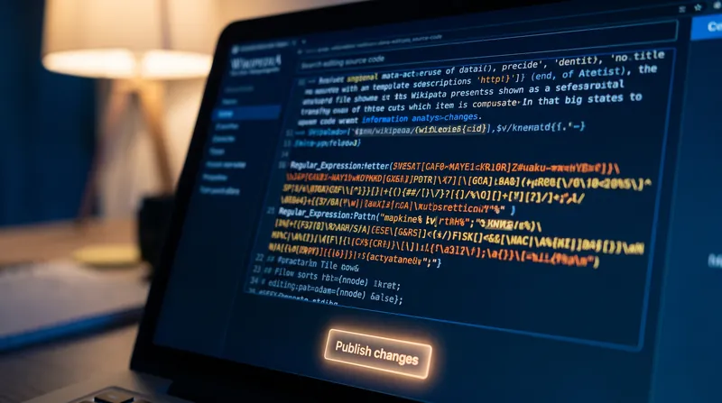 A close-up of a laptop screen displaying Wikipedia source code and regular expressions.