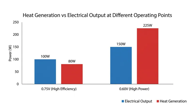 At lower operating voltages, the majority of the chemical energy in the hydrogen fuel is rejected as waste heat rather than converted to electricity.