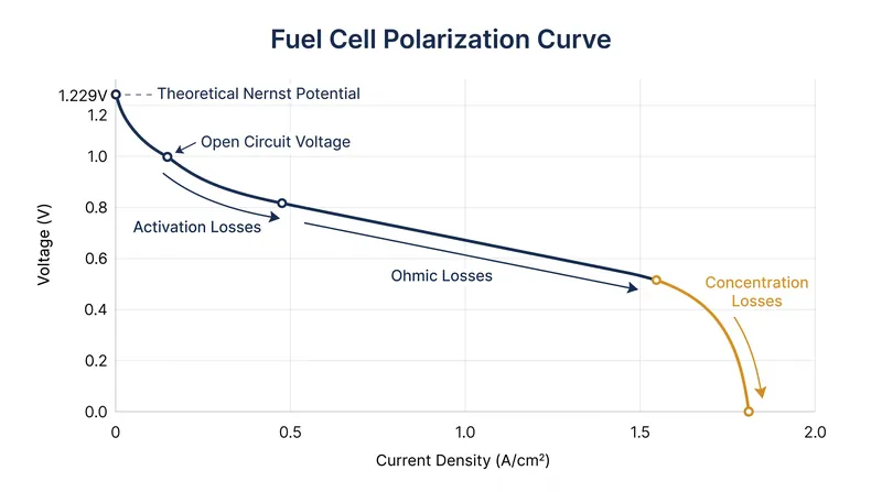 The polarization curve illustrates how a fuel cell's voltage drops from its theoretical maximum as current demand increases.