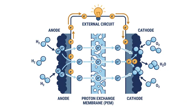 The proton exchange membrane physically separates electrons from protons, forcing the electrons through an external circuit to generate power.