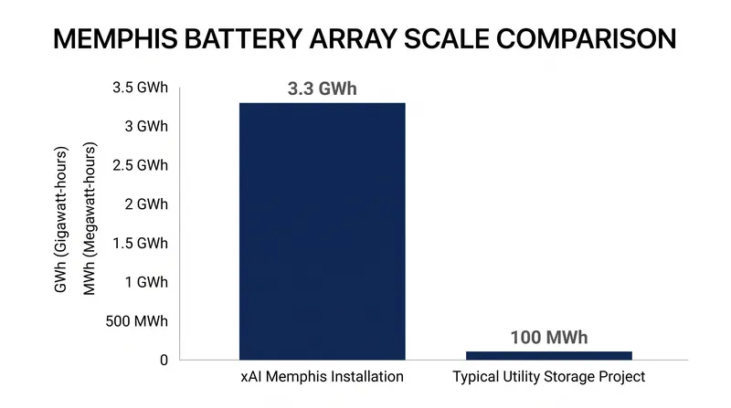 At an estimated 3.3 gigawatt-hours, the Memphis installation dwarfs standard utility-scale storage projects.