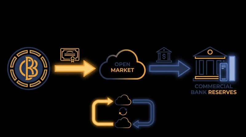 Quantitative easing injects liquidity by swapping bonds for electronic reserves.