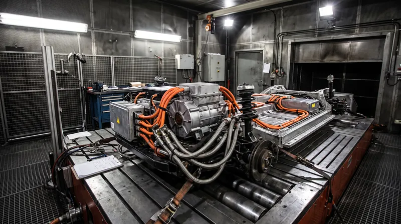 An electric vehicle chassis on a dynamometer testing rig with orange high-voltage cables and cooling lines.