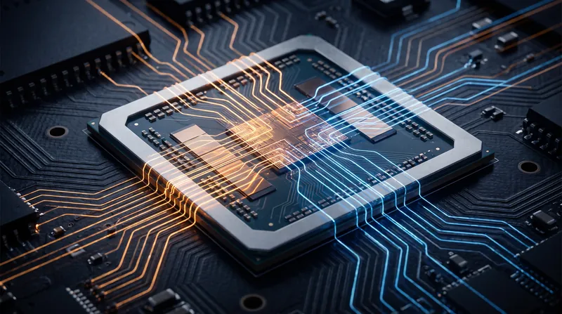 A macro photograph of a silicon processor die illuminated by amber and blue light streams.