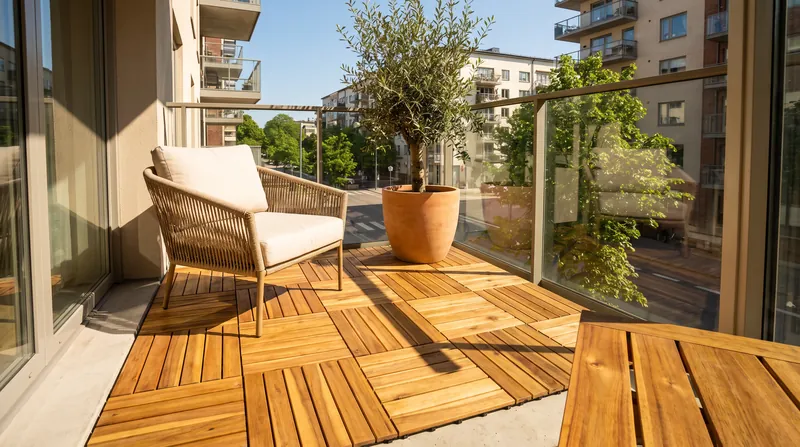 A sunny apartment balcony featuring freshly installed interlocking acacia wood deck tiles over a concrete floor.