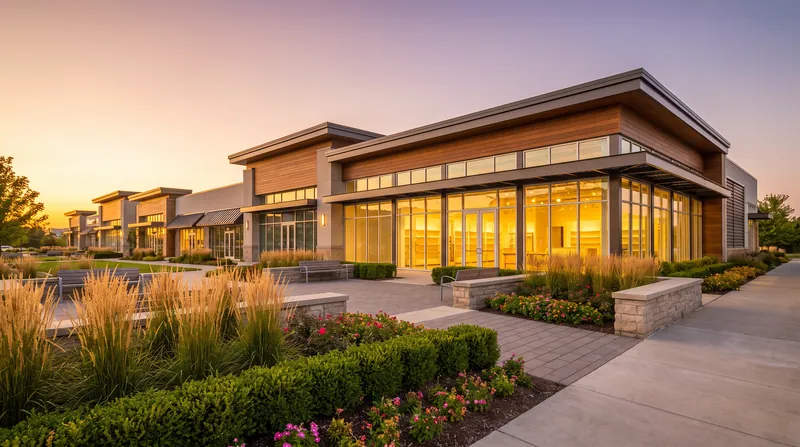 A modern suburban retail strip center with glass storefronts and manicured landscaping viewed at golden hour.
