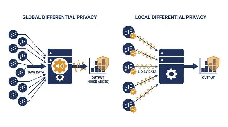 Global differential privacy trusts a central curator to add noise, while local differential privacy adds noise on the user's device before transmission.