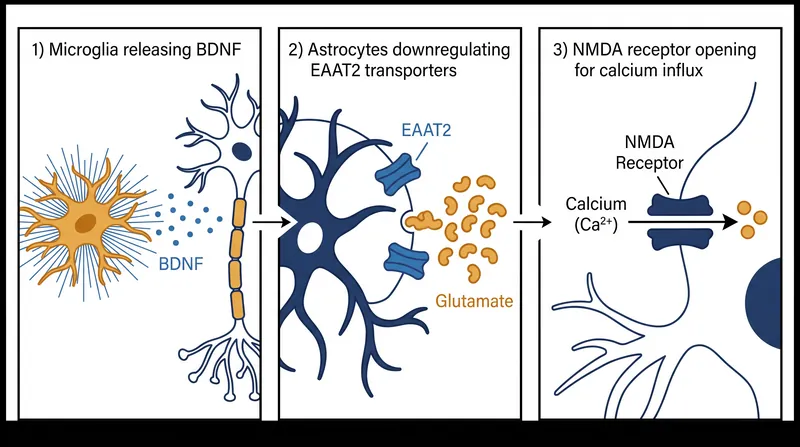 The sequential feed-forward loop: how microglial and astrocytic activation converges to lock the NMDA receptor in an open, hyper-excitable state.