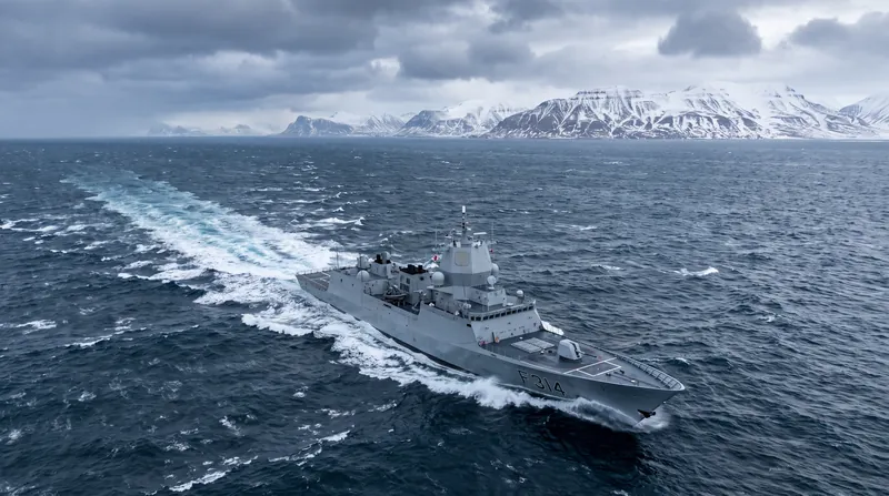 A naval frigate sailing through choppy Arctic waters with snow-capped mountains in the background.