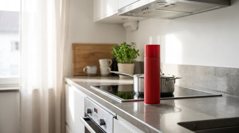 A red Prepared Hero fire spray canister sitting on a kitchen counter next to a stove.