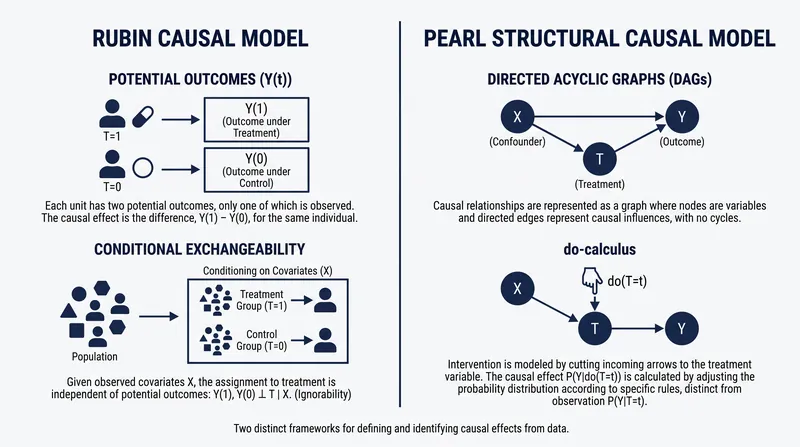 The Rubin and Pearl frameworks approach the missing data problem of causal inference from different mathematical foundations.