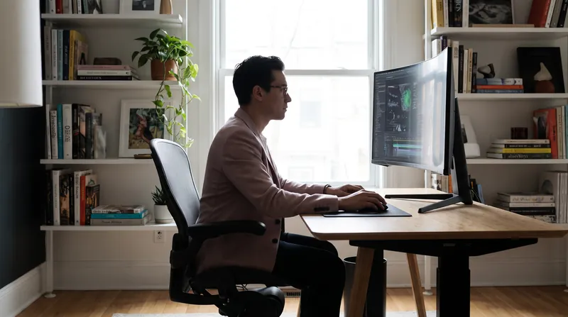 A professional working deeply at a clean home office desk, focused on a monitor.