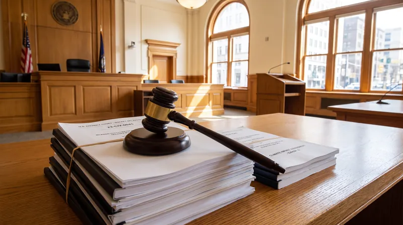 A wooden gavel resting on legal documents and scientific reports in a courtroom setting.