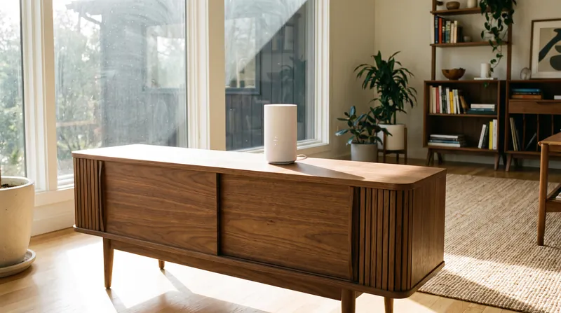 A white modern Wi-Fi router sitting on top of a wooden media console in a bright living room.
