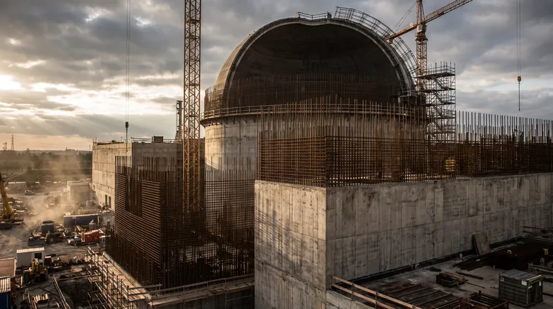 A massive concrete containment dome of a nuclear facility under construction with thick walls and dense rebar.