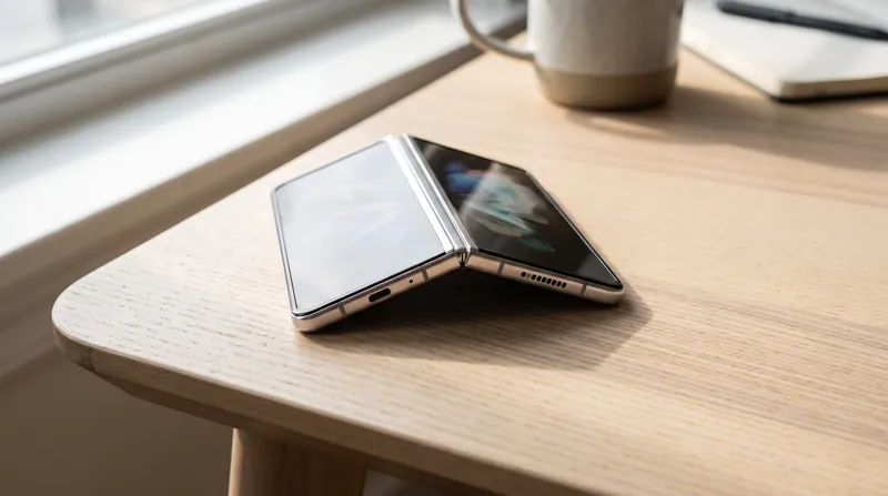 A Samsung Galaxy Z Fold 3 smartphone resting half-unfolded on a wooden desk.