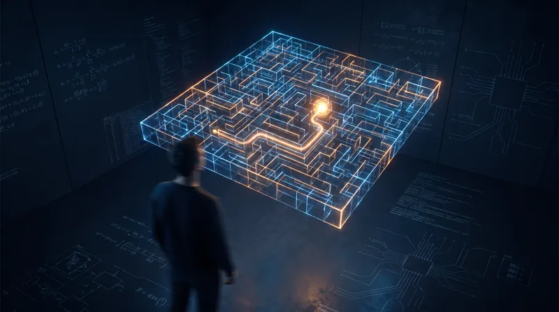 A glowing digital maze floating in a dark studio environment, representing artificial intelligence pathfinding.