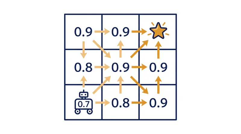 In a grid world, the Bellman equation calculates the optimal value of each position relative to the goal.