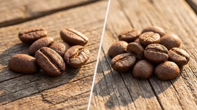 A side-by-side comparison of smooth, oval Arabica coffee beans and smaller, rounder Robusta beans on a wooden surface.