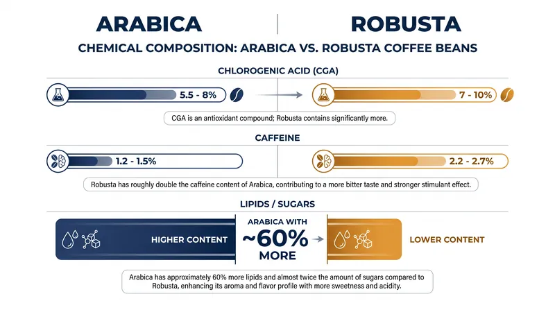 Robusta beans contain significantly higher concentrations of defensive compounds like caffeine and chlorogenic acid.