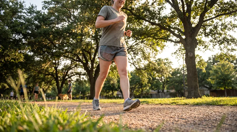 A person in athletic wear jogging very slowly through a sunlit park, with both feet slightly off the ground.
