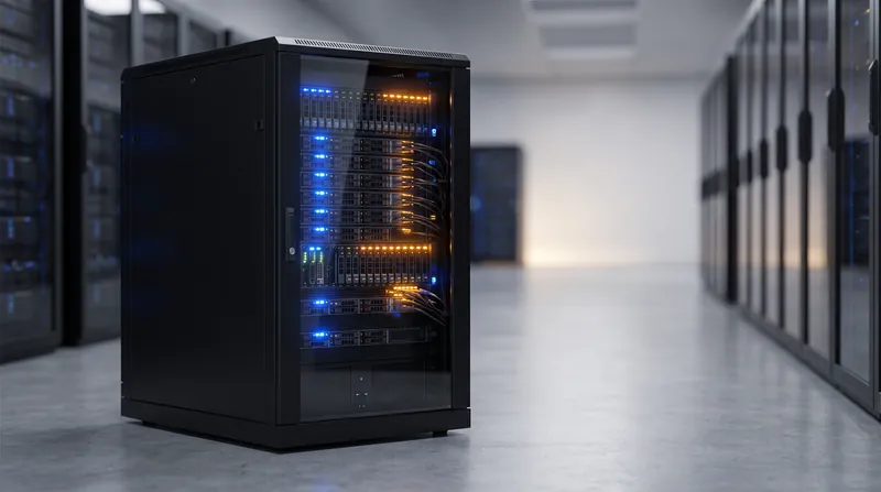 Rows of illuminated server racks in a dark enterprise data center.