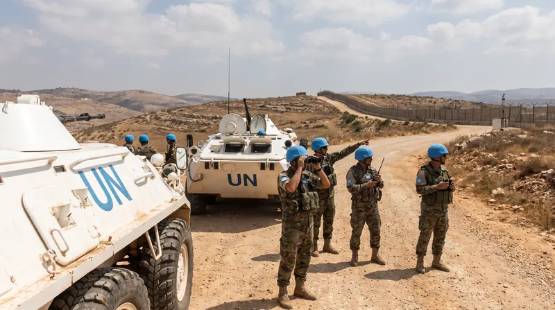 UNIFIL peacekeepers in blue helmets stand near white armored vehicles on a dirt road in southern Lebanon.