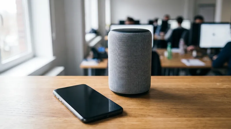 A modern smartphone lying face up on a wooden desk next to a smart speaker in a blurred office setting.