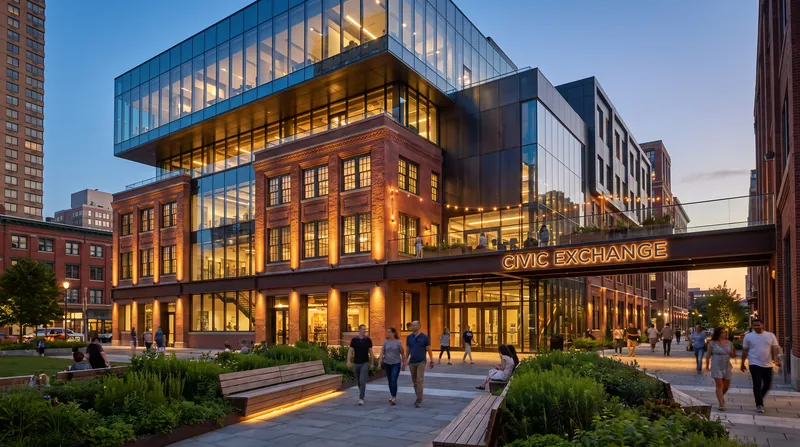 A modern civic building combining historic brick walls with contemporary glass extensions, surrounded by pedestrian plazas at twilight.