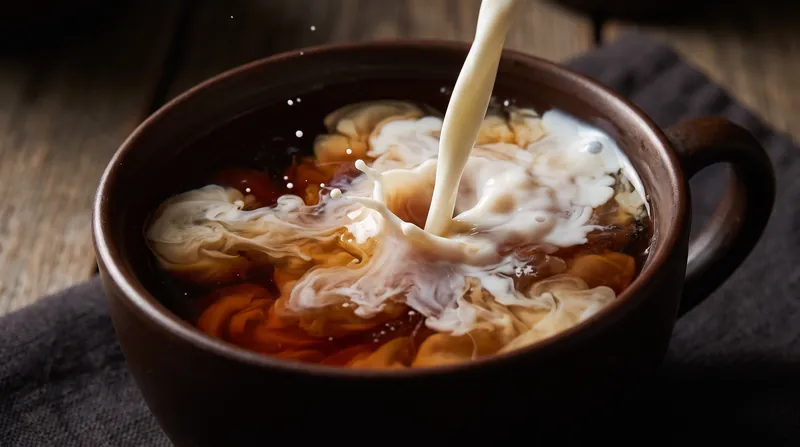 A splash of white milk pouring into a dark cup of black tea, creating swirling clouds.