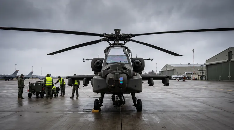 A military attack helicopter parked on an airfield tarmac under an overcast sky.
