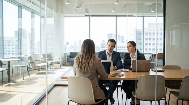 A candidate sits across from two hiring managers in a bright, modern glass-walled office.