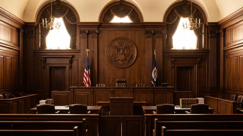 The interior of a United States Federal Courthouse showing the judge's bench and the national seal.