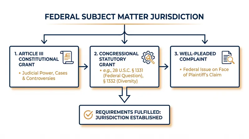 The three structural pillars required to establish subject matter jurisdiction in federal court.