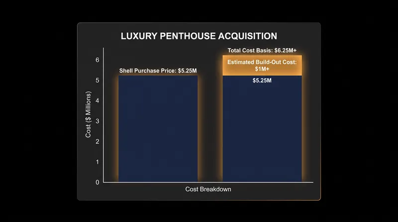 The final cost basis of a white box penthouse includes both the raw shell acquisition and the extensive interior build-out.