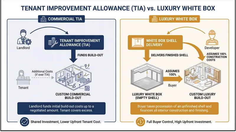 While commercial landlords subsidize build-outs through TIAs, luxury residential buyers assume the full capitalization risk.