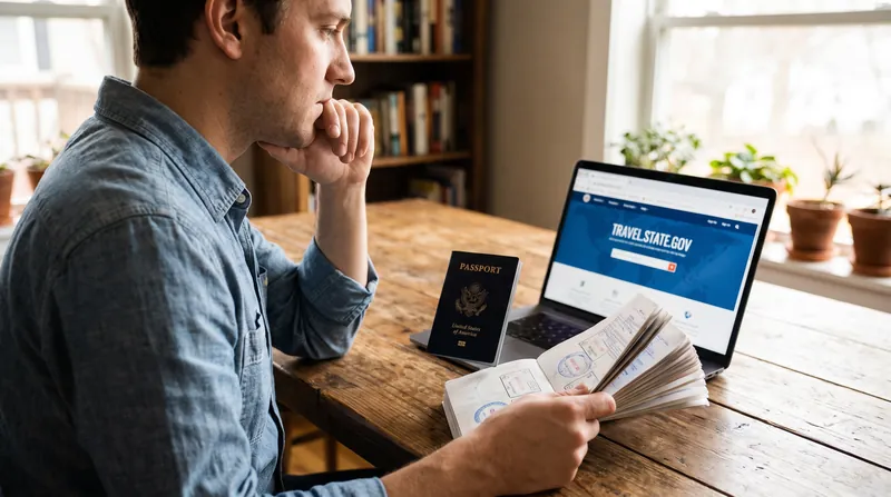 A person reviewing a passport and official immigration paperwork at a wooden desk.