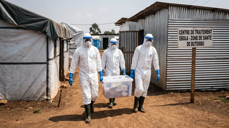 Medical workers wearing full personal protective equipment walk through an Ebola treatment center.