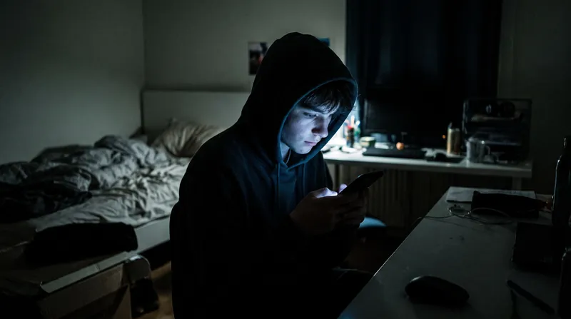 A teenager sits in a dark room, their face illuminated by the glow of a smartphone screen.
