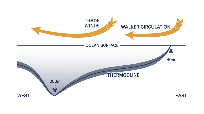 The thermocline tilt separates the warm surface water from the cold deep ocean, driven by the Walker Circulation trade winds.
