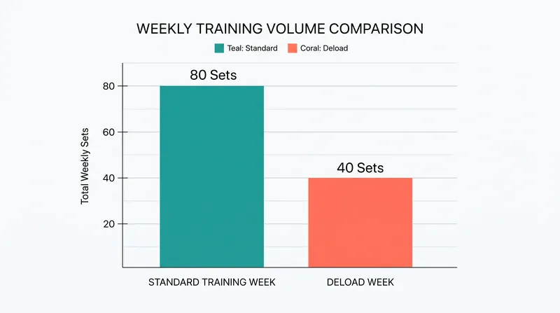 A typical volume deload cuts the total number of working sets in half while keeping the weight on the bar identical.