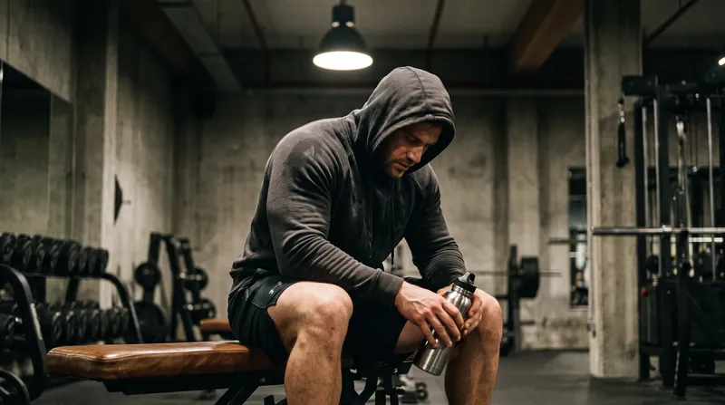 A muscular athlete sits on a weight bench in a gym, resting between sets with a water bottle.