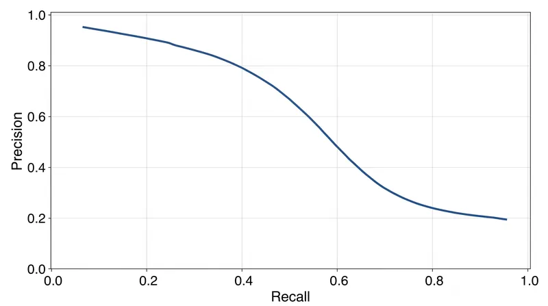 The Precision-Recall curve illustrates how increasing a model's coverage inevitably degrades the trustworthiness of its alerts.