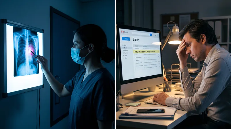 A split-screen conceptual image showing a medical professional reviewing an X-ray on the left and a person looking at a spam folder on the right.