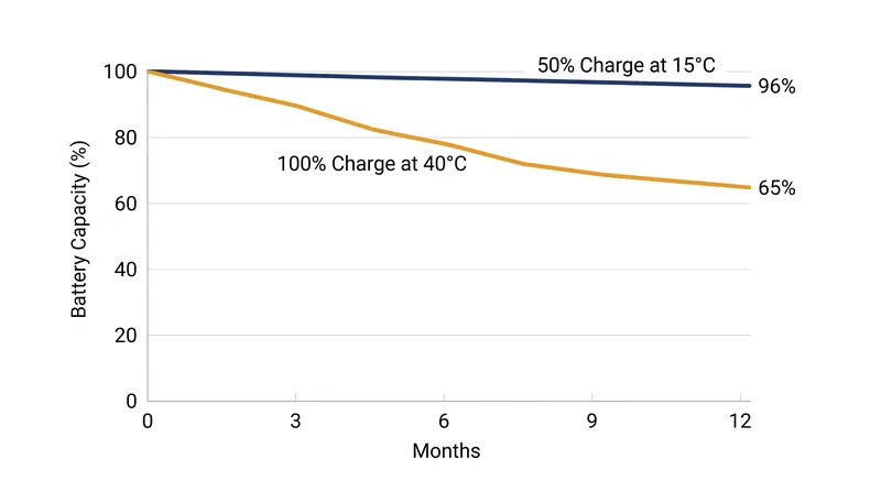 The compounding effect of high temperature and high voltage drastically accelerates capacity loss over a single year.