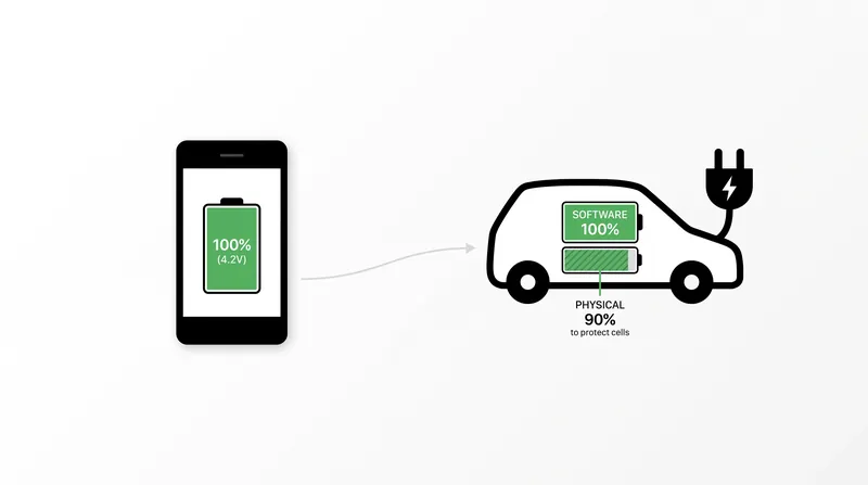 Electric vehicles often hide the true 100% state of charge behind software buffers to prevent severe calendar aging.