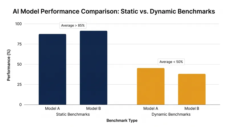 Frontier models score significantly lower on dynamic tests where memorization is impossible.