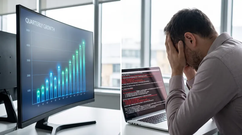 A split-screen view showing a glowing bar chart on a monitor next to a frustrated office worker.