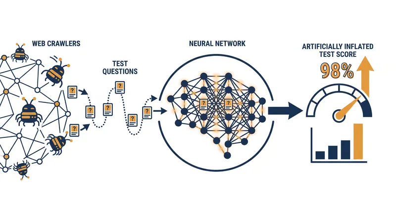 How data contamination inflates AI benchmark scores through inadvertent memorization.